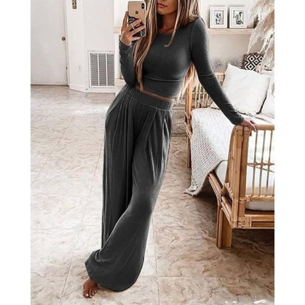 Women's Dark Grey Ribbed Knit Two Piece Lounge Set